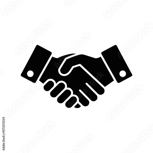 Handshake Icon: Symbolic graphic of two hands clasped in a firm handshake, representing agreement, partnership, and trust, conveyed in a striking monochrome style.