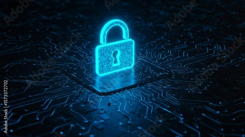 Glowing padlock symbol on a dark circuit board with intricate patterns and bright blue illumination
