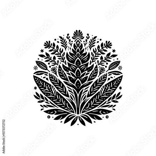Ornate floral design in black and white, featuring stylized leaves and botanical elements arranged in a circular pattern.