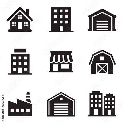 Collection of black building icons representing different structures and businesses