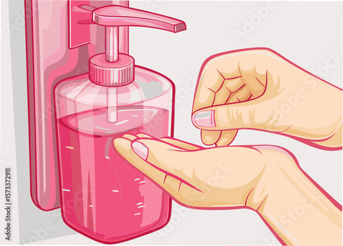 Hands Dispensing Pink Liquid Soap from Modern Pump for Hygiene Awareness, Health Blogs, Educational Materials, and Personal Care for Wellness Promotion  