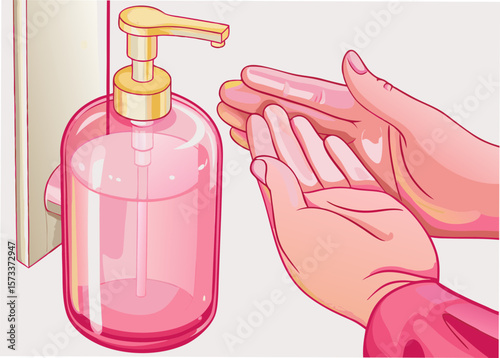 Hands Using Pink Liquid Soap Dispenser for Hygiene Awareness, Health Campaigns, Cleanliness Education, and Personal Care Content  