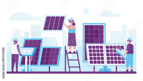 Team installing solar panels on a rooftop with city buildings in the background on a sunny day