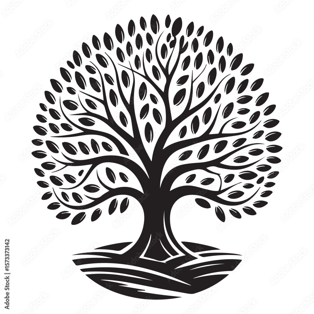 Obraz premium Stylized black silhouette tree with oval leaves and textured base