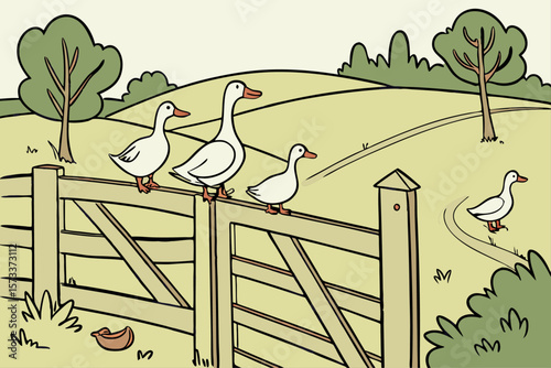 Charming illustration of ducks perched on a rustic wooden fence or farm gate