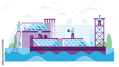 Illustration of workers installing solar panels on a building near water and a tower structure