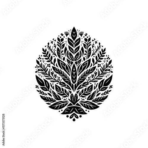 Black and white illustration of an oval shape filled with stylized leaves and floral elements.