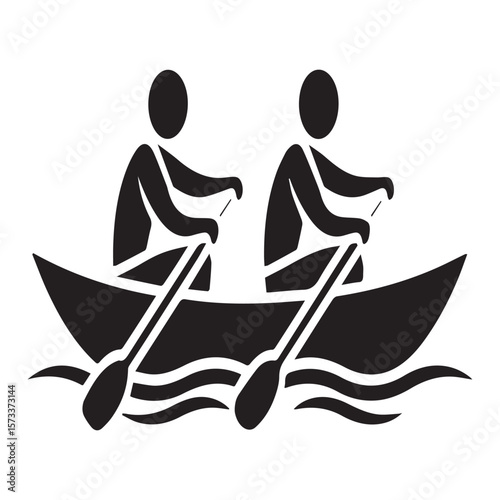 Two people rowing a canoe together on the water in a black and white graphic style