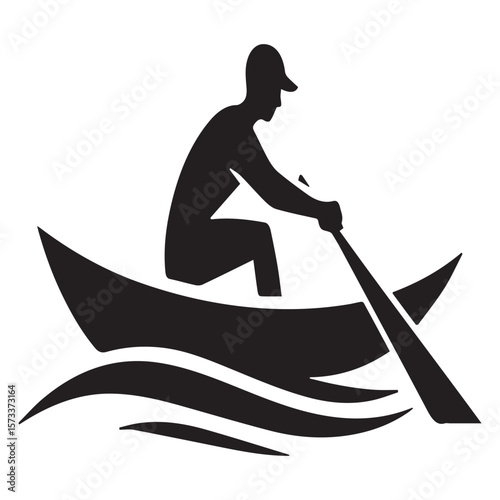 Silhouette of a person rowing a boat across stylized water waves