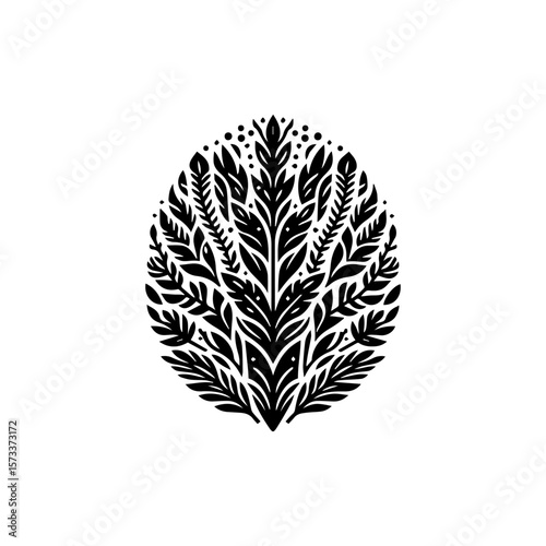 An oval-shaped arrangement of stylized leaves and branches in black, forming a botanical design.