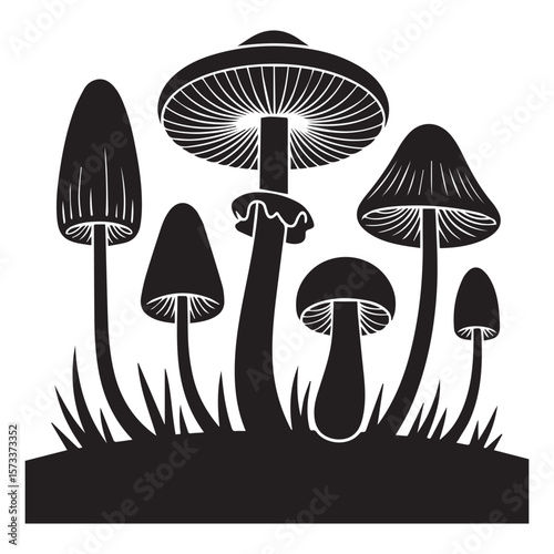 Black silhouette of various mushrooms growing in the grass on a white background