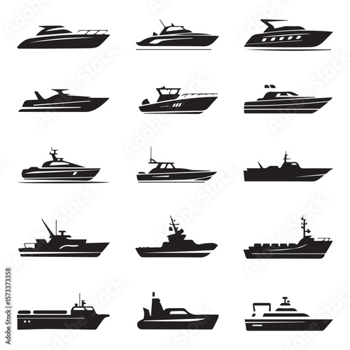 Collection of twelve black silhouette icons representing various types of modern yachts and boats