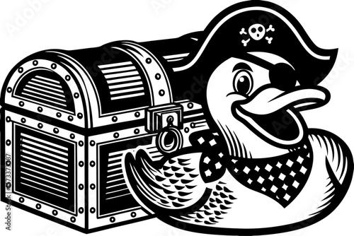 Whimsical pirate duck wearing an eye patch and hat with treasure chest