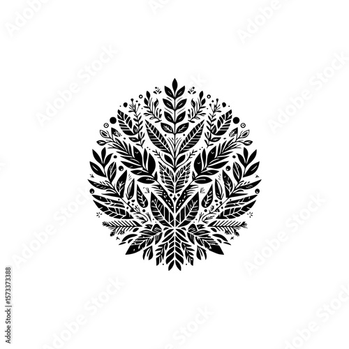 Circular arrangement of stylized leaves and berries in black, creating a symmetrical botanical design.