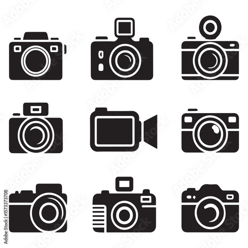 Collection of nine black camera icons on a white background representing different types of cameras