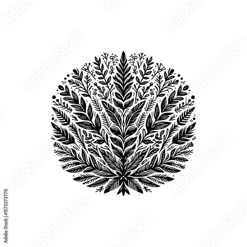 Circular botanical illustration featuring intricate leaves and floral elements in a symmetrical arrangement.