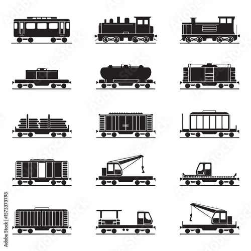 Collection of black silhouette icons representing various types of trains and railway cars