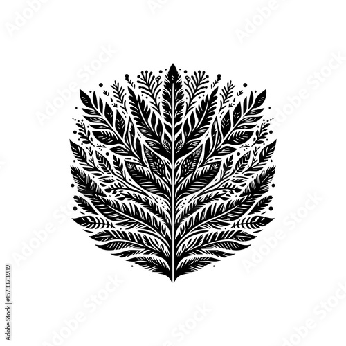 An intricate black and white illustration depicting stylized leaves in a symmetrical arrangement.