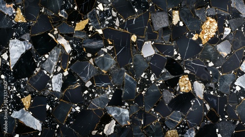 Luxurious Black Terrazzo Background with Gold and Marble Fragments