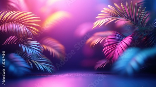 Fototapeta Naklejka Na Ścianę i Meble -  Vibrant Tropical Leaves Under Neon Light