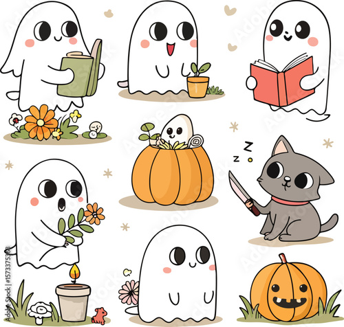Cute Ghost Halloween svg Bundle, Retro Ghost png, Retro Floral Ghost png, Dog Ghost svg, Ghost Reading svg, Spooky Season, Halloween png