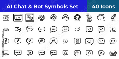Ai chat and bot symbols set featuring icons of speech bubbles, robots, and various communication elements