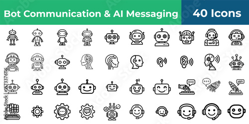 Collection of bot communication and ai messaging icons showing various robot and human interface designs