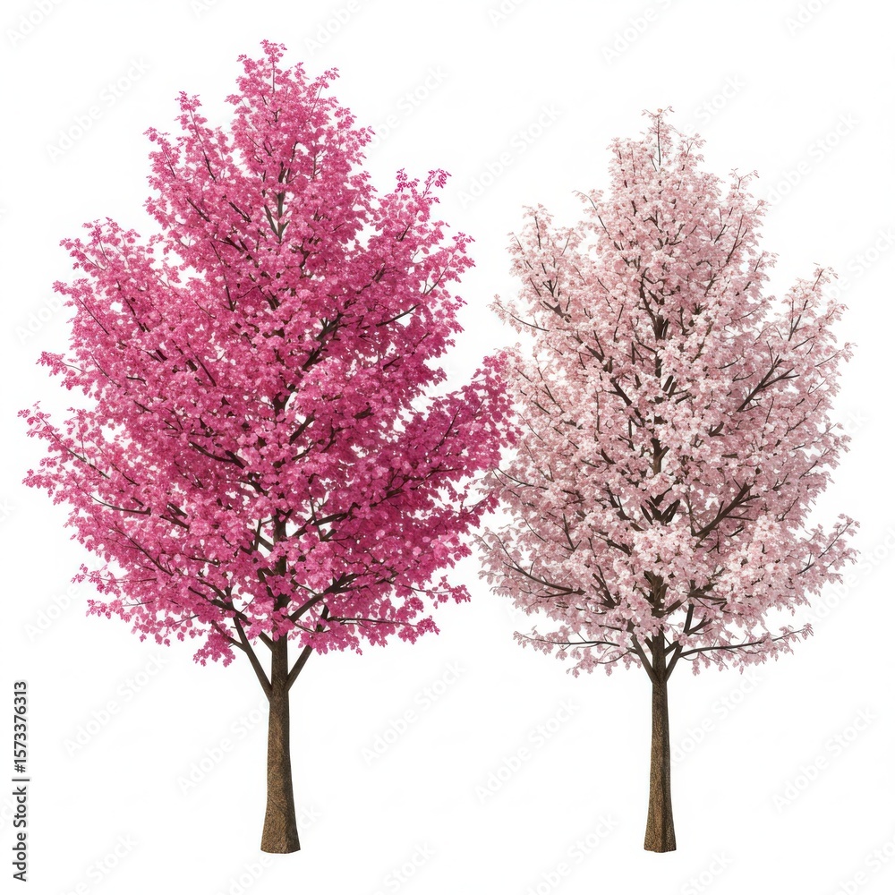 Obraz premium Two flowering trees with pink and light pink blossoms, isolated on white background