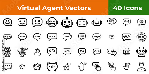 A collection of forty virtual agent icons featuring various communication and robot themed symbols in black outline