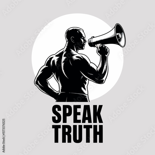 Strong Man Speaking Truth Through Megaphone Illustration Emphasizing Power Voice and Advocacy Ideal for Social Commentary and Motivational Themes in Design