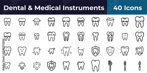 Assortment of tooth illustrations showing dental care and hygiene in a neat organized arrangement