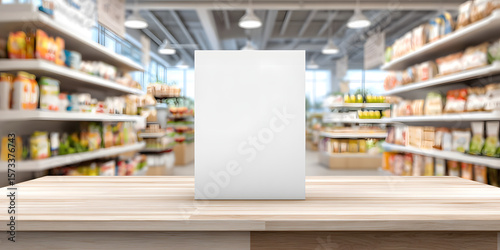 supermarket table top mockup for retail product exposition, empty table top dais podium in grocery food store, product display platform pedestal background, banner with copy space