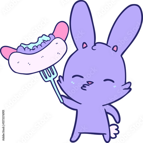 curious bunny cartoon with hotdog in bright neon color