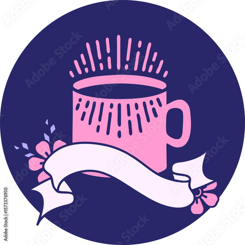 tattoo style icon with banner of cup of coffee in bright neon color