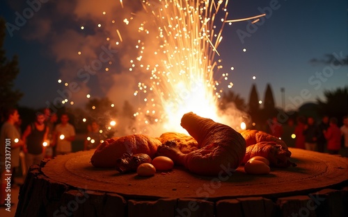 Greek Easter celebration with fireworks and traditional lamb roast, Festivals, religious heritage. High quality