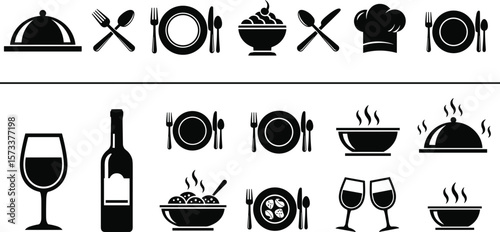 Food Service Icon Set, Plate and Utensil Silhouettes, Wine Glasses, Steaming Dishes, Chef Hat, Black and White Vector, Editable Dining Symbols, Culinary Clipart
