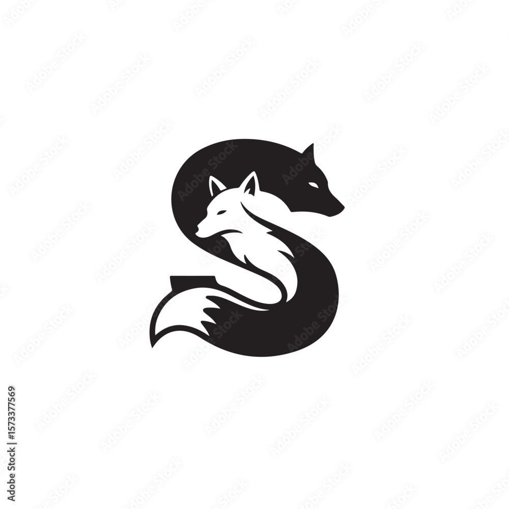 Naklejka premium Yin and Yang presented by a white fox and black wolf in silhouette