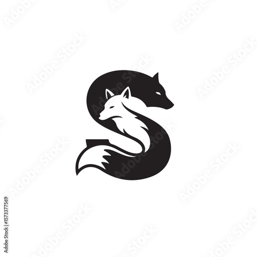 Yin and Yang presented by a white fox and black wolf in silhouette