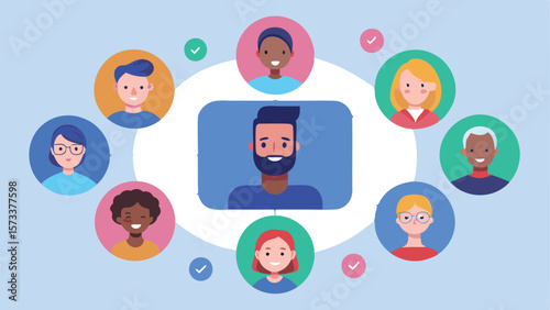 Illustration of a video call with diverse people connecting online with a central participant