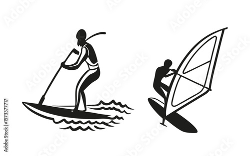 Black and White Silhouettes of Paddleboarding and Windsurfing on Water