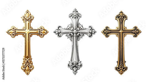 Ornate Christian Crosses, isolated on white background