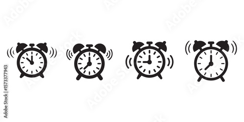 Four alarm clock silhouettes ringing at different times isolated on white background silhouette