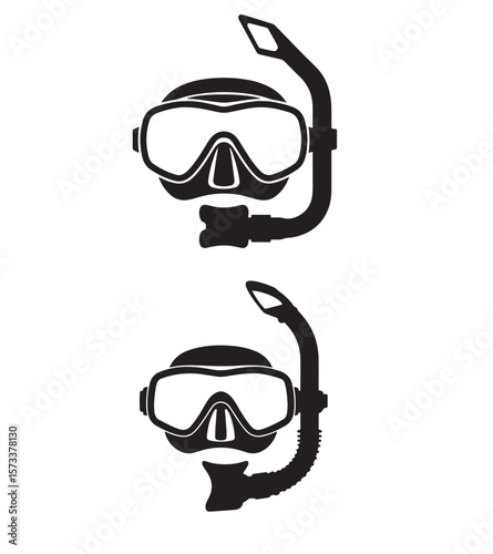 Two black silhouettes of scuba diving masks and snorkels isolated on white background