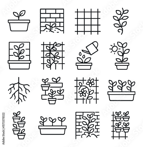 Garden tool icon collection: horticulture symbols, gardening and plant care icons