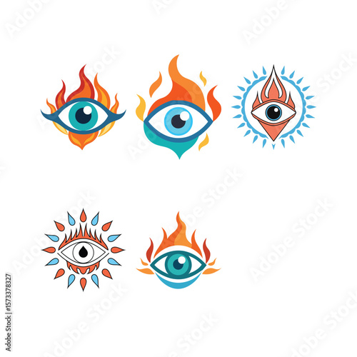 Collection of stylized eyes with flames and water drops in a modern flat design