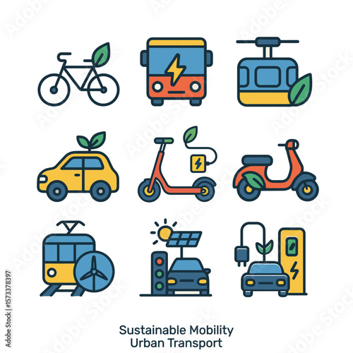 Flat vector icons of eco-friendly urban transport: bike, electric bus, car, scooter, charging station