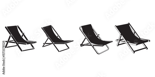 Four black deck chairs in a row silhouette isolated on white background