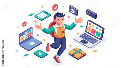 Illustration of a cheerful student surrounded by laptops, tablets, and checkmark icons in isometric view