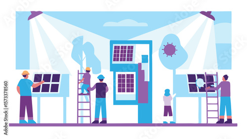 Illustration of workers installing solar panels on a building with spotlights shining down on them