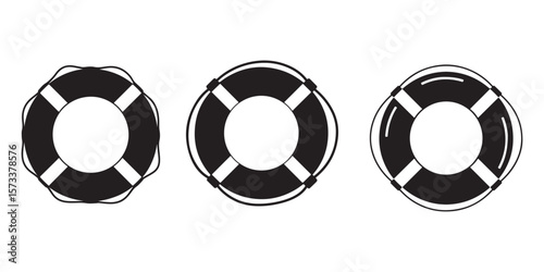 Three black life preserver ring silhouettes isolated on white background